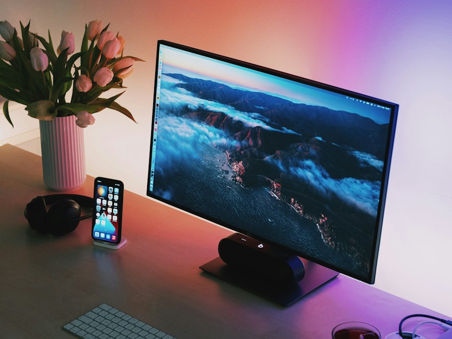 Computer monitor and keyboard on a desk